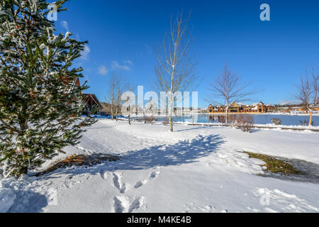 Cadre pittoresque dans les montagnes du nord-ouest du Pacifique avec un étang gelé sur une journée ensoleillée avec neige de l'hiver commençant à fondre. Banque D'Images