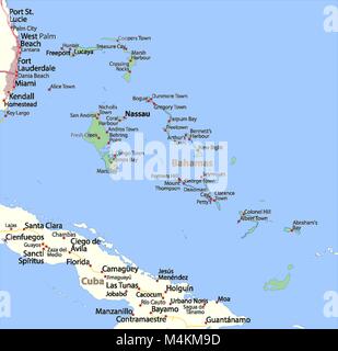 Carte des Bahamas. Montre frontières du pays, les zones urbaines, les noms de lieux et de routes. Les étiquettes en anglais si possible.  : Projection Mercator. Illustration de Vecteur