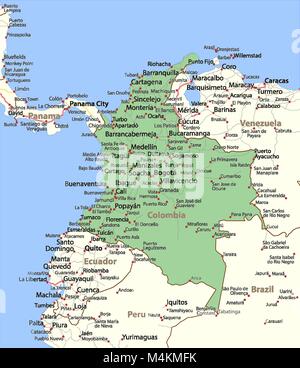 Carte de la Colombie. Montre frontières du pays, les zones urbaines, les noms de lieux et de routes. Les étiquettes en anglais si possible.  : Projection Mercator. Illustration de Vecteur