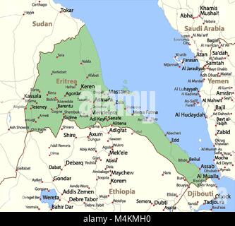 La carte de l'Érythrée. Montre frontières du pays, les zones urbaines, les noms de lieux et de routes. Les étiquettes en anglais si possible.  : Projection Mercator. Illustration de Vecteur