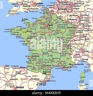 Carte de France. Montre frontières du pays, les zones urbaines, les noms de lieux et de routes. Les étiquettes en anglais si possible. Projection : Spherical Mercator. Illustration de Vecteur