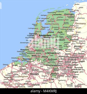 Carte des Pays-Bas. Montre frontières du pays, les zones urbaines, les noms de lieux et de routes. Les étiquettes en anglais si possible. Projection : Spherical Mercator. Illustration de Vecteur