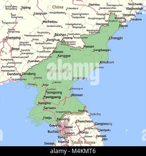 Carte de la Corée du Nord. Montre frontières du pays, les zones urbaines, les noms de lieux et de routes. Les étiquettes en anglais si possible. Projection : Spherical Mercator. Illustration de Vecteur