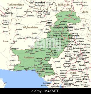 La carte du Pakistan. Montre frontières du pays, les zones urbaines, les noms de lieux et de routes. Les étiquettes en anglais si possible.  : Projection Mercator. Illustration de Vecteur