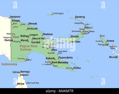 Site de la Papouasie-Nouvelle-Guinée. Montre frontières du pays, les zones urbaines, les noms de lieux et de routes. Les étiquettes en anglais si possible.  : Projection Mercator. Illustration de Vecteur