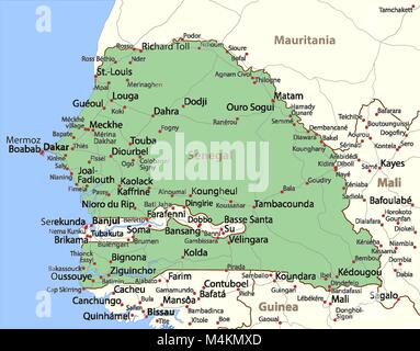 La carte du Sénégal. Montre frontières du pays, les zones urbaines, les noms de lieux et de routes. Les étiquettes en anglais si possible.  : Projection Mercator. Illustration de Vecteur