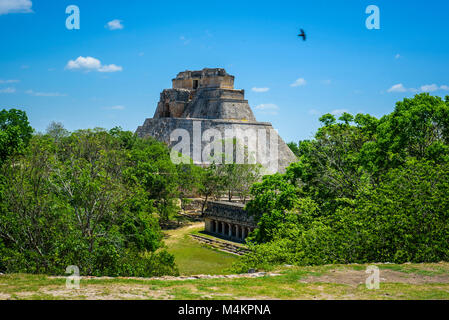 Vue de la Pyramide du Magicien de la ville maya préhispanique du site archéologique d'Uxmal, Yucatan, Province du Mexique, Amérique du Nord Banque D'Images