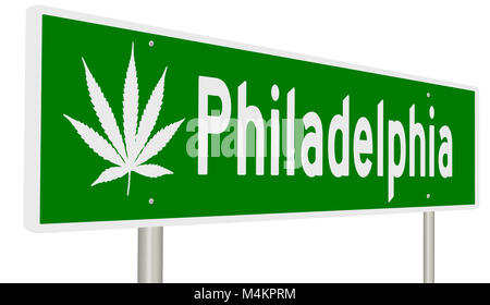 Rendu d'un panneau routier vert avec des feuilles de marijuana pour Philadelphie Banque D'Images