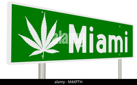 Rendu d'un panneau routier vert avec des feuilles de marijuana pour Miami Banque D'Images