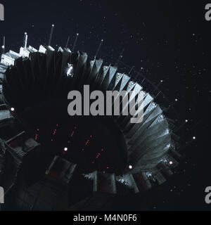 Grande ouverture de la station spatiale dans l'espace sombre dock avec petite figure de cosmonaute astronaute intérieur flottant en apesanteur. Rendu 3D concept illustration Banque D'Images