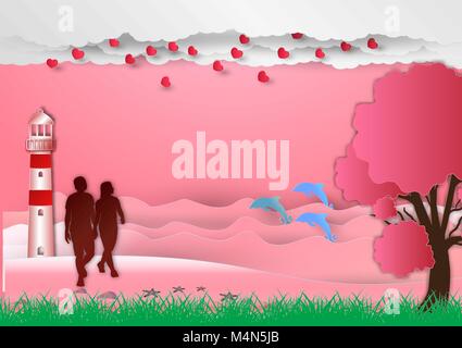 Valentines Day vector background avec l'homme et la femme dans l'amour et de la mer d'arbres avec des dauphins. style art du papier. Illustration de Vecteur