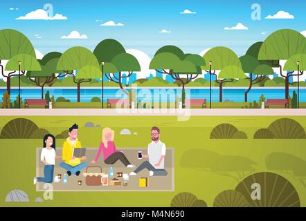 Happy people having Picnic in Park groupe de jeunes hommes et femmes assis sur l'herbe se détendre Illustration de Vecteur