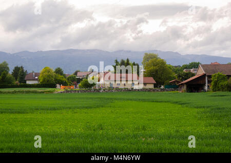 Paysage paisible campagne française avec de simples maisons vintage et de vastes prairies, avec les Alpes en toile de fond à Prévessin-Moëns, France. Banque D'Images