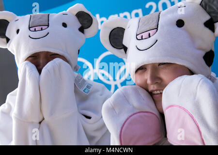 Gangneung, Corée du Sud. Feb 17, 2018. Les femmes bénévoles portant des Soohorang cosutmes mascotte olympique dans l'arène à Gangneung Gangneung, Corée du Sud, 17 février 2018. Crédit : Peter Kneffel/dpa/Alamy Live News Banque D'Images