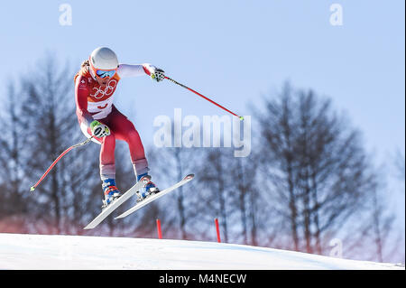 17 février 2018 : Jasmine Flury de Â Suisse compétitive dans Ladies' Super-G à Jeongseon centre alpin, Pyeongchang , Corée du Sud. Ulrik Pedersen/CSM Banque D'Images