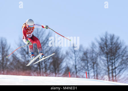 17 février 2018 : Jasmine Flury de Â Suisse compétitive dans Ladies' Super-G à Jeongseon centre alpin, Pyeongchang , Corée du Sud. Ulrik Pedersen/CSM Banque D'Images