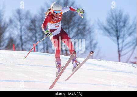 17 février 2018 : Jasmine Flury de Â Suisse compétitive dans Ladies' Super-G à Jeongseon centre alpin, Pyeongchang , Corée du Sud. Ulrik Pedersen/CSM Banque D'Images