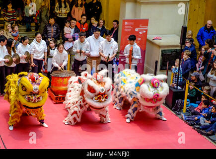 Bristol, Royaume-Uni. Feb 17, 2018. Une équipe de l'Université de Bristol en célébrer le Nouvel An chinois. L'année du chien est accueilli avec une danse du lion dans le hall d'entrée du musée de Bristol sur la rue Park. ©JMF News/Alamy Live News Banque D'Images