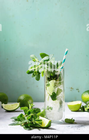 Verre de mojito cocktail classique à la menthe fraîche, citron vert, glace pilée, cocktail rétro avec des ingrédients des tubes ci-dessus. Style pin up, la lumière du soleil, vert backg Banque D'Images