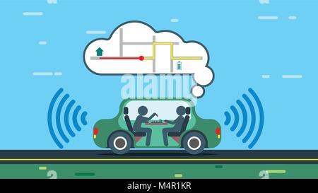 La voiture autonome voyages le long de la route de la ville, ouvre la route automatiquement du voyage. La voiture autonome utilise des cartes gps. Les passagers d'un véhicule Illustration de Vecteur