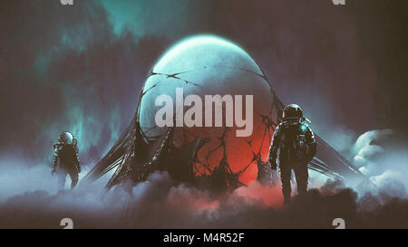 Scène d'horreur de science-fiction de deux astronautes trouvé le mystérieux oeufs exotiques, art numérique, peinture style illustration Banque D'Images