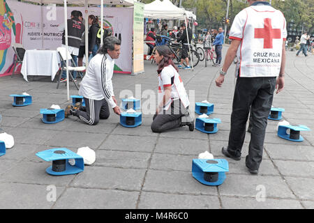 Cruz Roja Mexicana bénévoles démontrent la RCP pour les gens qui sont intéressés à apprendre la technique à un stand sur le Paseo de Reforma à Mexico City. Banque D'Images