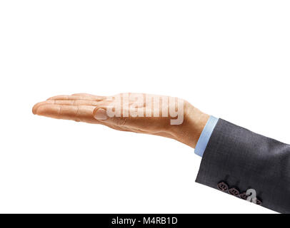 La main de l'homme in suit holding ouvrez palm up isolé sur fond blanc. Paume vers le haut, Close up. Produit de haute résolution Banque D'Images