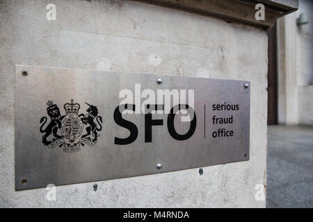 Londres, Royaume-Uni. 17 Février, 2018. Une affiche à l'extérieur le Serious Fraud Office (SFO) à Westminster. Banque D'Images