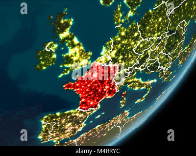 La France vu de l'orbite de la terre sur la planète Terre la nuit en rouge avec des frontières visibles et les lumières de la ville. 3D illustration. Éléments de cette Banque D'Images