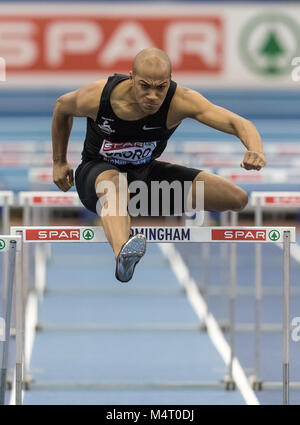 Birmingham, UK. Feb 17, 2018. La SPAR Athlétisme Indoor Championships, Birmingham Arena. Onajite Okoro participe à la mens 60 mètres haies. © Andy Gutteridge/ Droit et événements/ Alamy Live News Banque D'Images