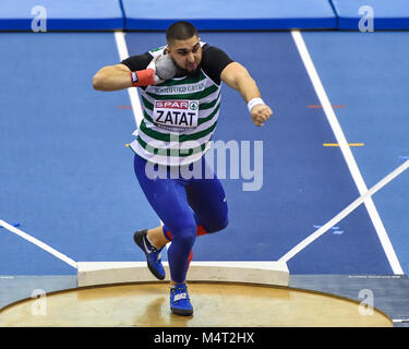 Youcef Zatat en action au cours du lancer du poids hommes durant la Finale SPAR Athlétisme Indoor Championships 2018 Arena à Birmingham le Samedi, 17 février 2018. BIRMINGHAM ENGLAND. Credit : Crédit : Wu G Taka Taka Wu/Alamy Live News Banque D'Images