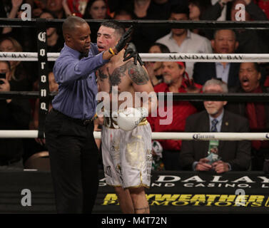 Las Vegas, Nevada, USA. Feb 17, 2018. Boxeur Poids welter Danny ''Swift'' Garcia kayos Brandon Rios boxer avec un poinçon pour gagner leurs super-légers WBC élimination combat le 17 février 2018 au Mandalay Bay Events Center à Las Vegas, Nevada. Crédit : Marcel Thomas/ZUMA/Alamy Fil Live News Banque D'Images