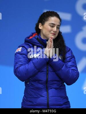 Womens squelette. Laura Deas (GBR). Cérémonies de remise des médailles. Pyeongchang Olympic Plaza. Jeux Olympiques d'hiver de Pyeongchang 2018. Alpensia. République de Corée. 18/02/2018. Credit : Sport en images/Alamy Live News Banque D'Images