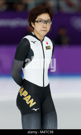 Gangneung, Corée du Sud. Feb 18, 2018. La patineuse de vitesse Bretagne Bowe réagit après avoir fini le patinage de vitesse Dames 500M finales et a remporté la médaille d'or au Jeux Olympiques d'hiver de PyeongChang 2018 à Gangneung Oval le dimanche 18 février, 2018. Crédit : Paul Kitagaki Jr./ZUMA/Alamy Fil Live News Banque D'Images