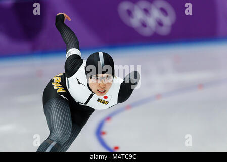 Gangneung, Corée du Sud. Feb 18, 2018. Nao Kodaira, patineuse de vitesse du Japon au cours de la compétition de patinage de vitesse Dames 500M finale et remporte la médaille d'or au Jeux Olympiques d'hiver de PyeongChang 2018 à Gangneung Oval le dimanche 18 février, 2018. Crédit : Paul Kitagaki Jr./ZUMA/Alamy Fil Live News Banque D'Images