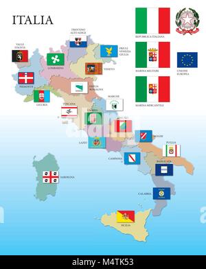 L'Italie, la carte et les régions avec des drapeaux Illustration de Vecteur