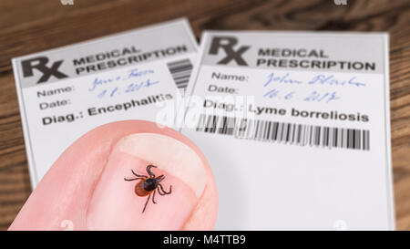 Ricin tick et prescription médicale à code-barres. Ixodes ricinus. Parasite sur les droits de l'ongle infecté détail dans le cabinet du médecin sur fond de bois. Banque D'Images