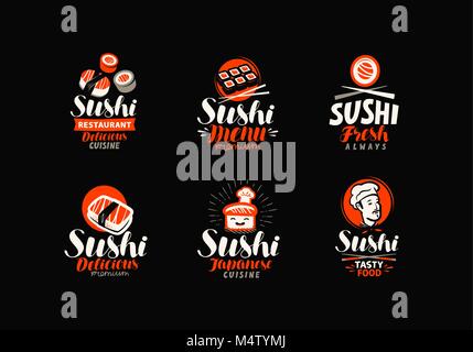 Rouleaux de sushi, cuisine japonaise, jeu de logos ou des étiquettes. Vector illustration Illustration de Vecteur