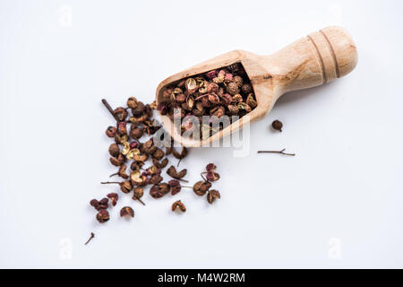 Cuillère en bois avec la coriandre chinoise,poivre de Sichuan. Banque D'Images