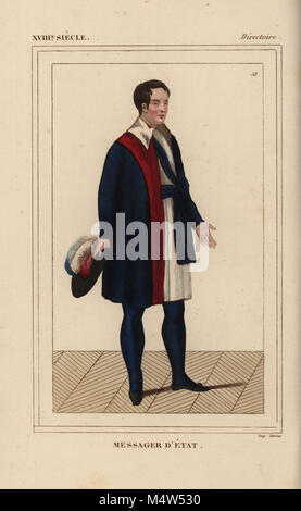 De l'uniforme un messager d'Etat (state messenger) dans le répertoire. Chaque conseiller avait quatre messagers qui portait une tunique blanche, manteau bleu et chapeau à plumes tricolores. Lithographie coloriée de : Le Bibliophile Jacob aka Paul Lacroix Costumes historiques de la France (Costumes historiques de la France), Administration de librairie, Paris, 1852. Banque D'Images