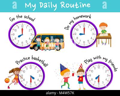 Routine quotidienne pour les enfants avec horloge et activités illustration Illustration de Vecteur