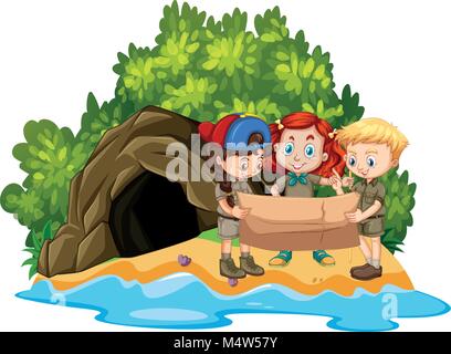 Trois enfants à la recherche à la carte en face de caverne sur island illustration Illustration de Vecteur