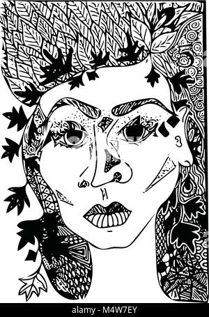 Portrait de fantaisie croquis visage féminin. Image vectorielle, dessinée à la main. Illustration de Vecteur