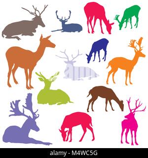 Ensemble de commandes et de mensonges colorés vector silhouettes de cerfs isolé sur fond blanc Illustration de Vecteur