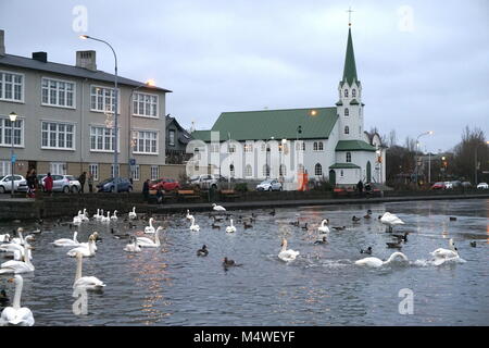 Fríkirkjan í Reykjavík Lutheran Church libre sur le bord du lac Tjörnin à Reykjavík, Islande Banque D'Images