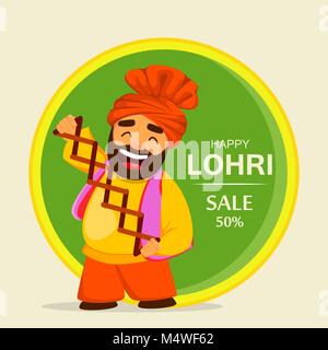 Hiver populaires Punjabi folk festival Lohri. Drôle homme sikh, personnage célèbre maison de vacances à vendre, bannière, affiche. Vector illustration Illustration de Vecteur