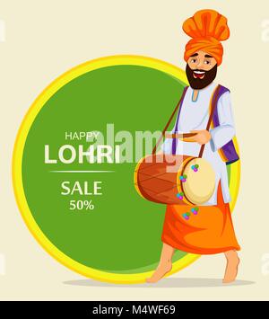 Hiver populaires Punjabi folk festival Lohri. Homme Sikh avec tambour décoré. Bannière, affiche pour la vente. Vector illustration. Illustration de Vecteur