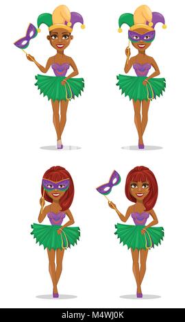 Mardi Gras jester femme, ensemble. Joyeux personnage. Vector Illustration pour l'affiche, carte de vœux, invitation à une fête, une bannière ou un flyer sur blanc ba Illustration de Vecteur