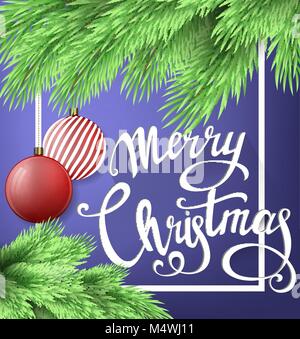 Joyeux Noël carte de vœux. Arbre de Noël, des jouets et de lettrage manuscrit sapin branche sur fond violet doux. Vector illustration. Illustration de Vecteur