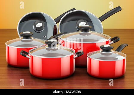 Set de cuisson Ustensiles de cuisine rouge et de cuisine. Pots et casseroles sur la table en bois. Le rendu 3D Banque D'Images